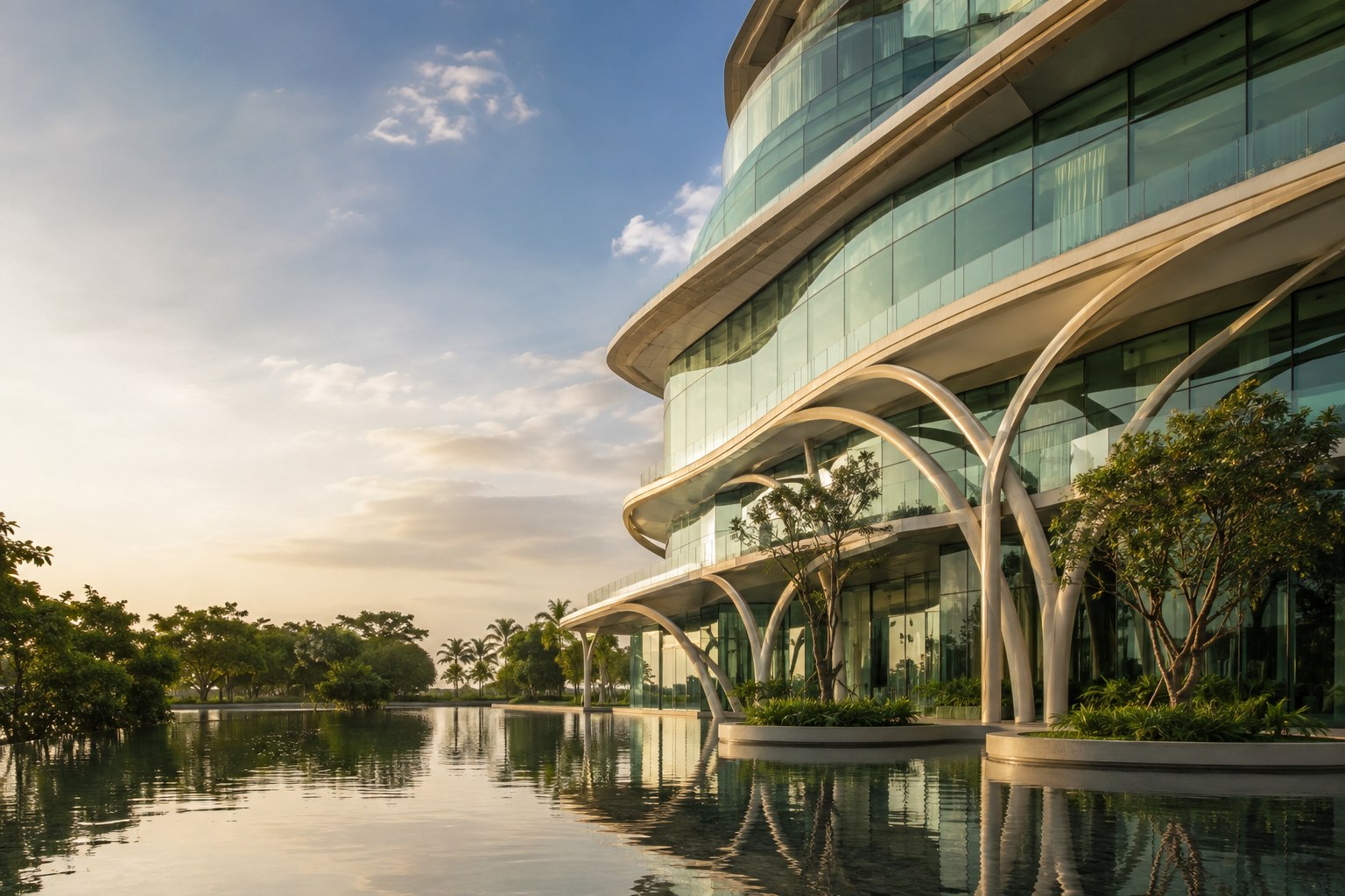 Architectural concept of green glass buildings beside reflective water
